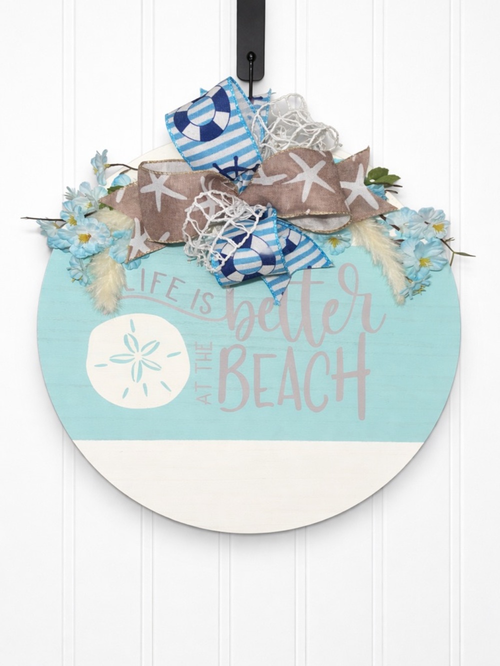 HANDMADE 15” Life Is Better at the Beach Round Wood Sign - Aqua & White
